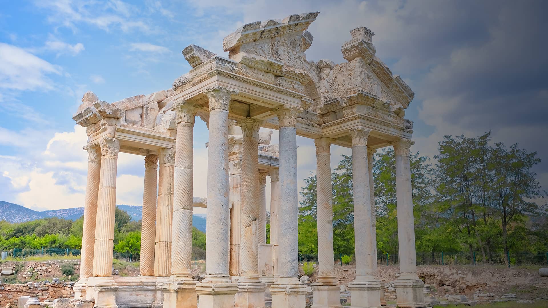 View of the Aegean Mediterranean Sea from the ancient ruins of the